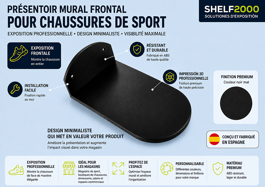 Présentoir mural frontal pour chaussures de sport Shelf2000 en ABS, conçu pour exposer des baskets de manière professionnelle dans les magasins, showrooms et espaces commerciaux.